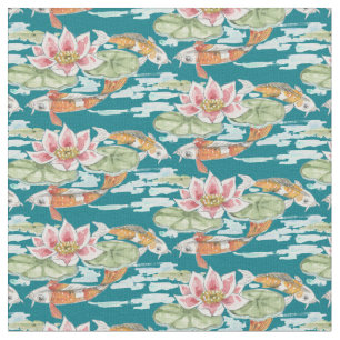 Tecido Tropical Teal Koi & Lotus Fish Pond Watercolor