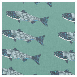 Tecido Truta de Arte Folclórica Azul/Salmão