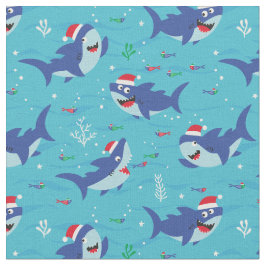Tecido Tubarões de Natal giros em fundo azul