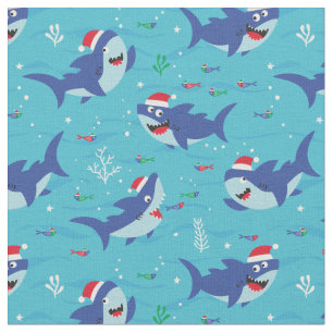 Tecido Tubarões de Natal giros em fundo azul