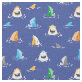 Tecido Tubarões e barbatanas engraçadas e bonitos em azul