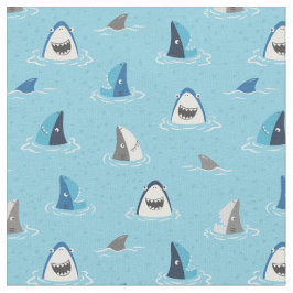 Tecido Tubarões e barbatanas engraçadas e bonitos em azul