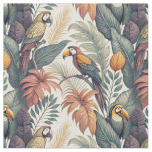 Tecido Tucanos Selvagens - Folhas Padrão de Aves Tropicai