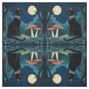 Tecido Um Gato Preto Familiar e Cogumelos Halloween 1