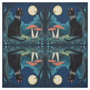 Tecido Um Gato Preto Familiar E Cogumelos Venenosos Hallo