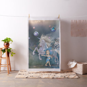 Tecido Um maravilhoso unicórnio branco com pequena fada