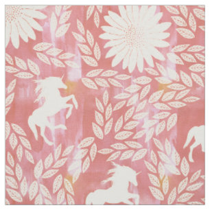 Tecido Unicórnio Floral em Coral, Rosa e Marfim