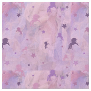 Tecido unicórnio rosa e roxo e design de estrelas