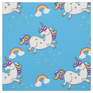 Tecido Unicórnios dos azul-céu, estrelas Dourados e