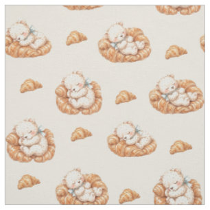 Tecido Urso Adormecido Fofo em Camas de Croissant Padrão