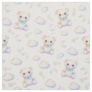 Tecido Urso Arco-Íris Fofo e Padrão de Nuvens Pastel
