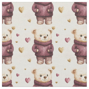 Tecido Ursos de Teddy com Corações Roxos e Dourados