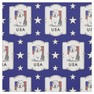 Tecido US American Flag Old English Sheepdog (Cinza 1)