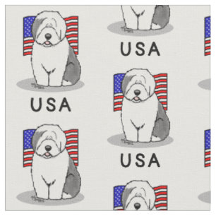 Tecido USA American Flag Old English Sheepdog (Cinza 1)