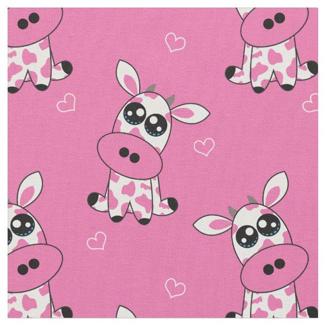 Tecido 🍓 🐄 Vacas de Morango com coração, cor-de-rosa, t (Detalhe)