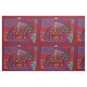 Tecido Vaqueiro e Cavalos - Escarlate Vermelho Azul Kuna