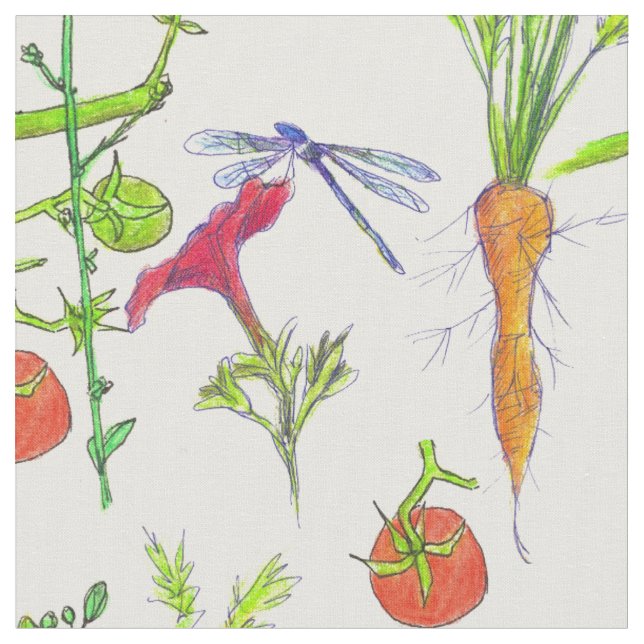 Tecido Vegetais Cenouras Tomates Dragão de Jardim (Detalhe)
