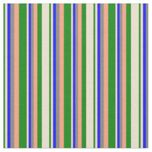 Tecido Verde, bege, azul, Cinzas e linhas leves de salmão