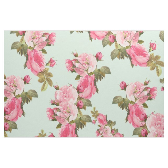 Tecido Verde Mint com Flores Rosa (Fat Quarter)