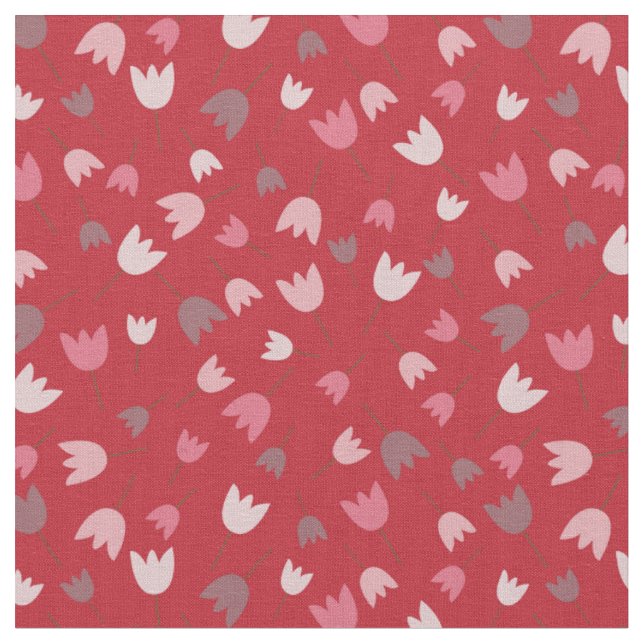 Tecido Vermelho com coleção de padrões de tulipas rosa (Detalhe)