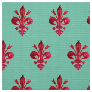 Tecido VERMELHO FLEUR DE LIS EM PADRÃO FLoral VERDE