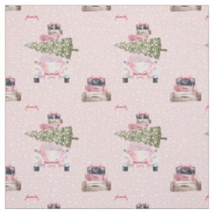 Tecido Viagem de Natal - Carro Retro Aquarela Rosa-Quadra