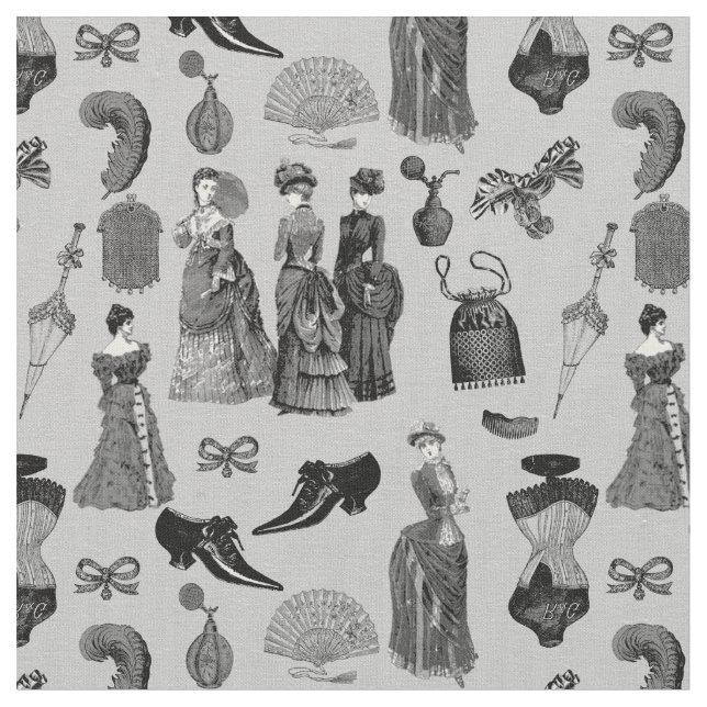 Tecido victorian era fashion women toile black white (Detalhe)
