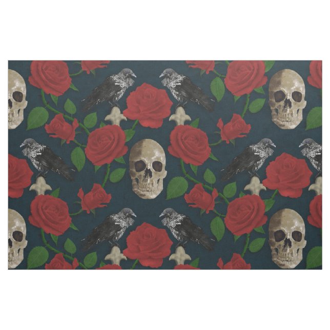 Tecido Vinhas Rosa De Grama Gótico Escuro Vermelho Crânio (Fat Quarter)
