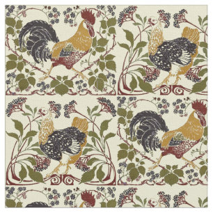 Tecido Vintage Art Nouveau Rooster & Hen Chickens Pattern
