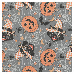Tecido Vintage Halloween Cats e Pumpkins Patterno