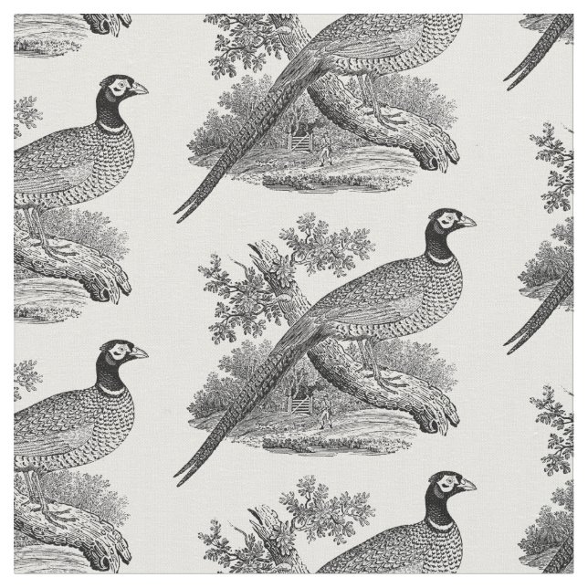 Tecido Vintage Pheasant Game Bird Drawing BW (Detalhe)
