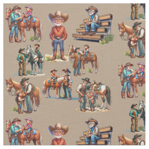 Tecido Vovô Ocidental Cowboy Com Crianças e Cavalos