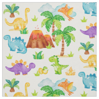 Tecido Watercolor Dinossaur Volcano Palm Tree Kids Baby
