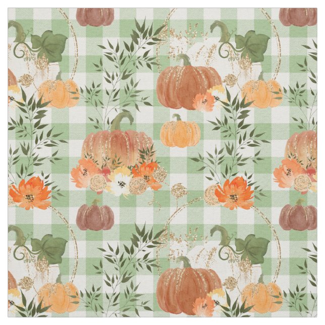 Tecido Watercolor Pumpkins em Gingham Verde (Modelo)