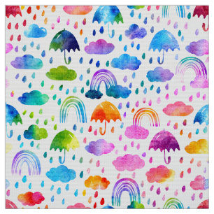 Tecido Watercolor Umbrella Rainy Day Rainbows Raparigas