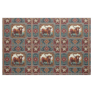 Tecido Western Longhorn Steer Turquoise Brown e Tan