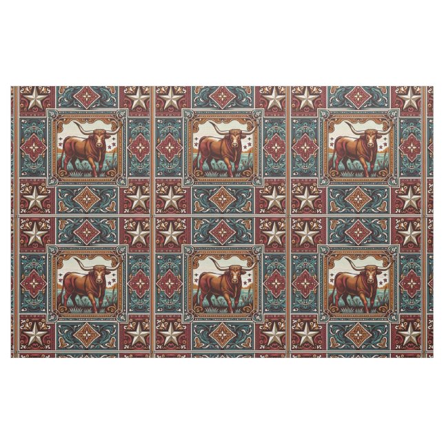 Tecido Western Longhorn Steer Turquoise Brown e Tan (Fat Quarter)