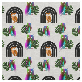 Tecido Whimsical Boho Owl & Tropical Monstera Leaf