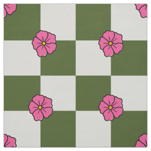 Tecido Xadrez de Twill Floral Oliva Grande Rosa