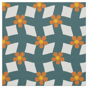 Tecido Xadrez Floral Laranja Azul-Verde em Algodão de Sar