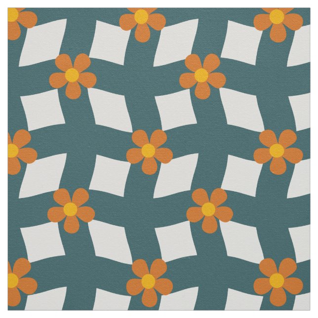 Tecido Xadrez Floral Laranja Azul-Verde em Algodão de Sar (Modelo)