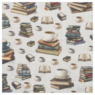 Tecido Xícaras de Café & Livros em Cinza Claro