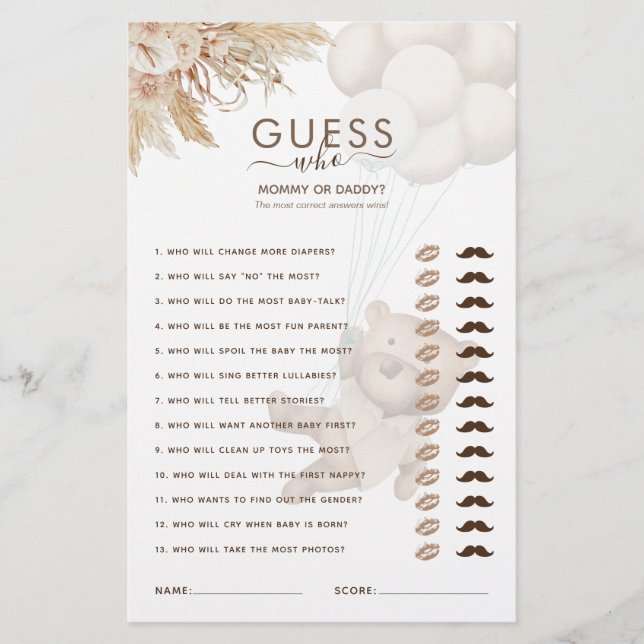 Teddy Bear Adivinha Quem Joga O Chá de fraldas (Frente)