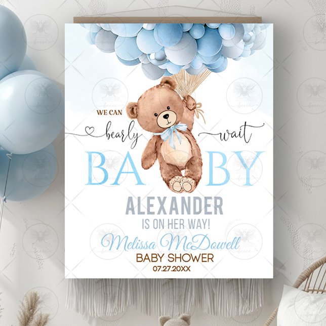 Teddy Bear Barly Esperar Chá de fraldas Tapeçaria  (teddy bear baby shower,boy teddy bear shower,we can bearly wait,teddy baby shower,balloon baby showe)