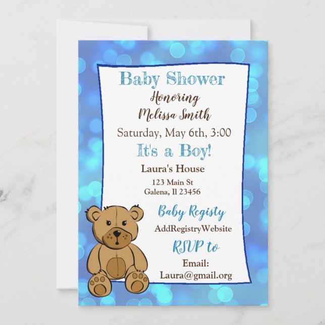 Teddy Bear Blue Boy Shower Convites (Frente)