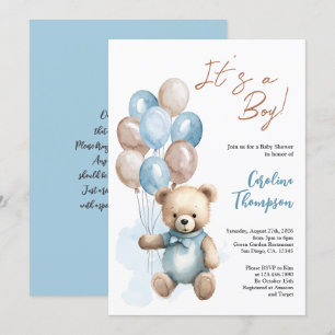 Teddy Bear Boy Blue Balloons Convite para Chá de f
