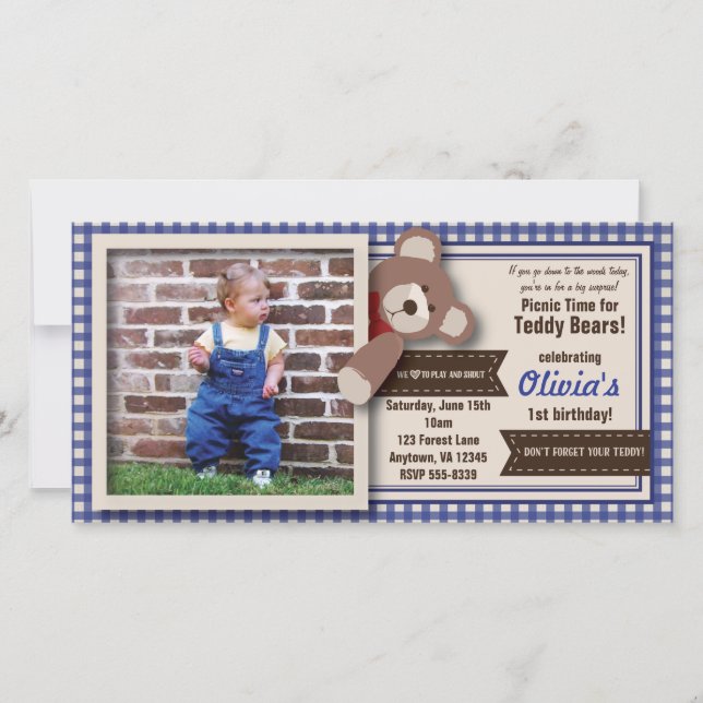 Teddy Bear Picnic Birthday - Gingham Azul (Frente)