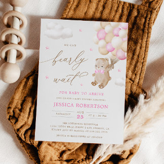 Teddy Bear Pink Ballons Convite para Chá de fralda