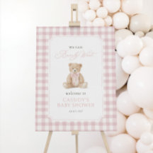 Teddy Bear Pink Gingham Baby Shower Welcome Sign
