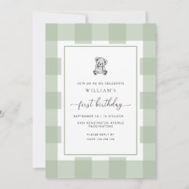 Teddy Bear Sage Gingham - Convite ao primeiro aniv